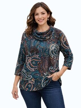 Ruby Rd Teal Appeal Top Medium NWT Paisley Cowl Neck 3/4 Sleeve Blouse